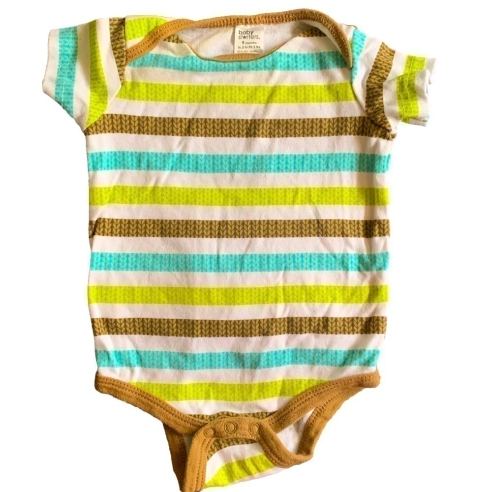 Baby Starters Blue Green White Striped Short Sleeve Onesie Size 9months